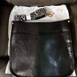Black Leather Tote with Leopard Strap